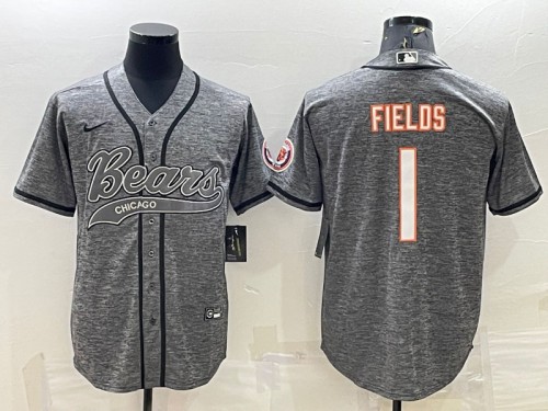 Men's Chicago Bears #1 Justin Fields Gray With Patch Cool Base Stitched Baseball Jersey